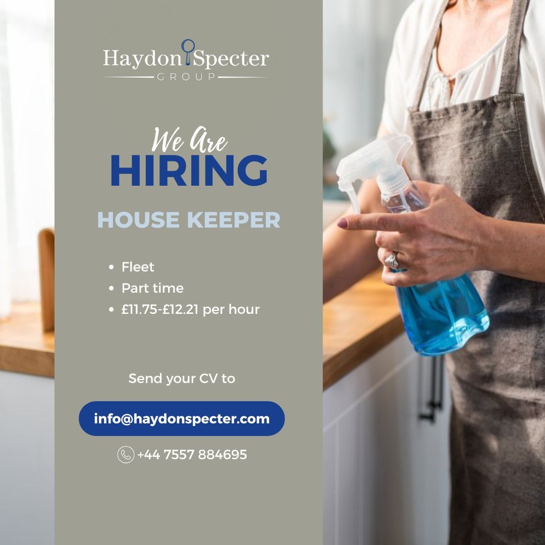 HaydonSpecter's tweet photo. We are looking for a House Keeper in Fleet.
This client does not offer sponsorship at this time.

If you want to learn more about this role, please get in touch info@haydonspecter.com / 07557 884695⁩
#CareerOpportunities #JobSearch #JobsinCare https://t.co/Bg8wiayEsH