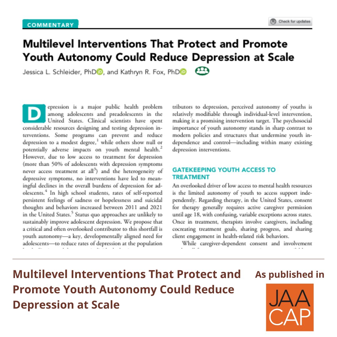 #JAACAP Commentary argues that multilevel interventions that promote and protect
adolescent autonomy could reduce adolescent #depression at scale. @jschleiderphd
@kathrynfoxr #adolescence doi.org/10.1016/j.jaac…