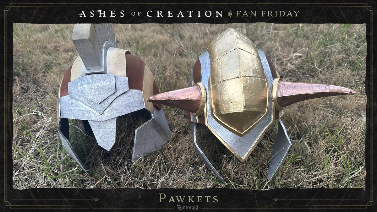 🛠️ 🛡️ <a href="/PawketsArt/">Pawkets</a> made some wonderful helmets for his glorious Dünhold guild buddies! 

🐎 Would you ride into battle sporting this gear? #FanFriday