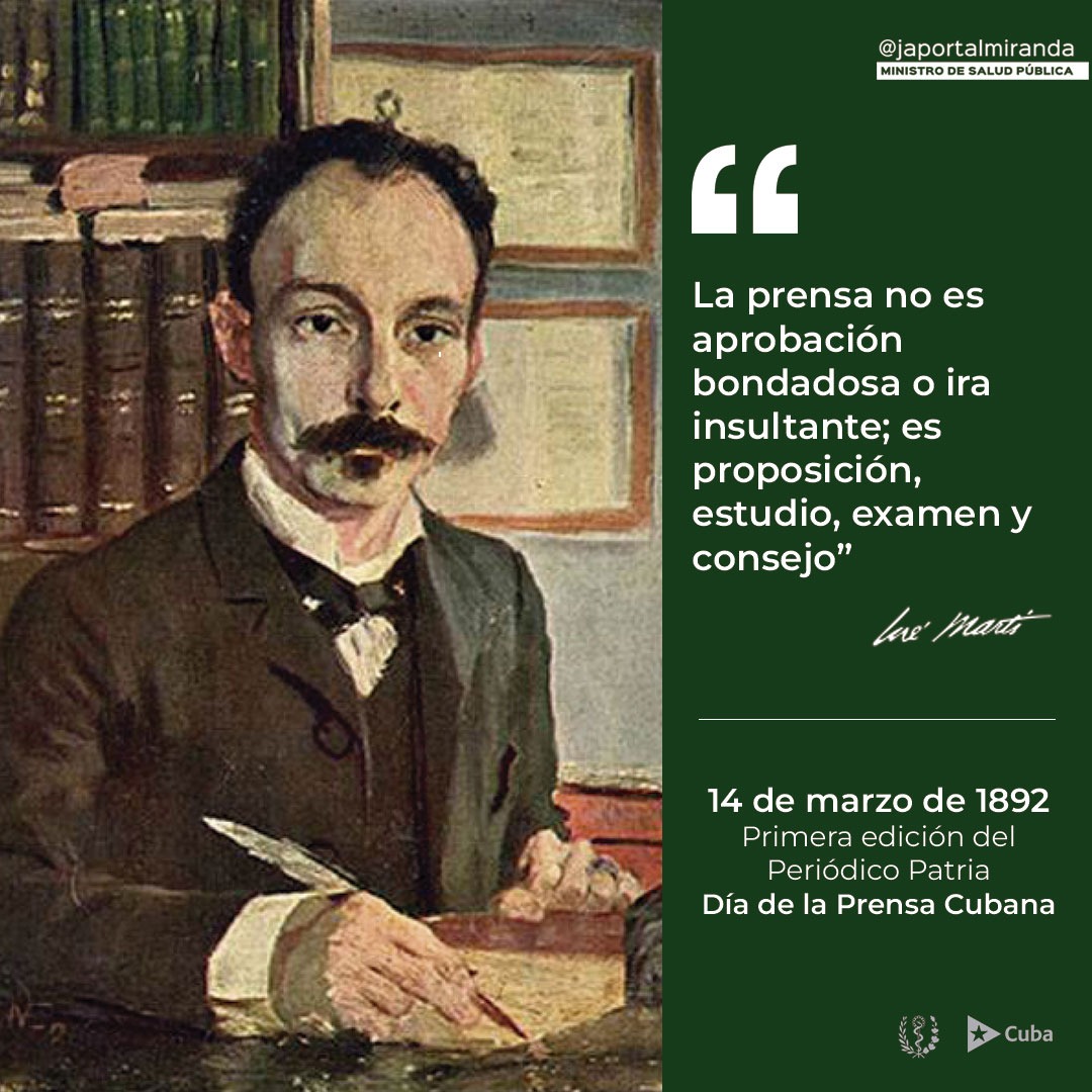 🇨🇺 En este Día de la Prensa Cubana, desde el <a href="/MINSAPCuba/">Ministerio de Salud Pública de Cuba</a> homenajeamos a #Martí y su legado en la historia del periodismo.
Felicidades a los trabajadores de la prensa en #Cuba: gracias por su labor incansable y su acompañamiento constante al sector de #Salud en todas sus batallas.
