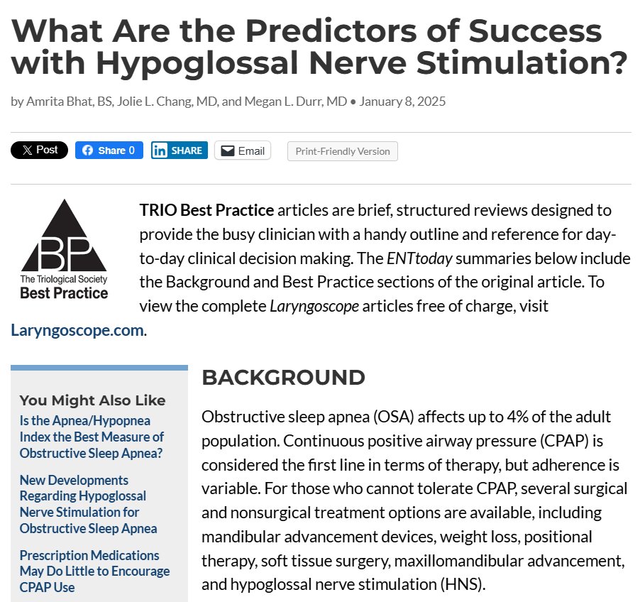 Happy World Sleep Day! To celebrate our sleep surgeons, here are Best Practices articles about the role of hypoglossal nerve stimulators in the management of OSA and predictors of their success. Free to read at ENTtoday! Link at linktr.ee/triological #ENTSurgery #ENTtoday