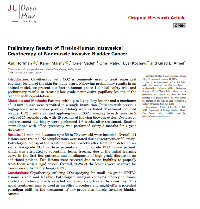 Kamil Malshy (@kamil_malshy) on Twitter photo First-in-Human Intravesical Cryotherapy of Nonmuscle-invasive Bladder Cancer!
Just published in <a href="/JUOpenPlus/">JU Open Plus</a>
Excited about the next Phases!
<a href="/RambamHCC/">Rambam Health Care Campus 🎗️</a> @VessiMedical <a href="/AzikHoffman/">Azik Hoffman</a> @GiladAmiel
#NMIBC First-in-Human Intravesical Cryotherapy of Nonmuscle-invasive Bladder Cancer!
Just published in <a href="/JUOpenPlus/">JU Open Plus</a>
Excited about the next Phases!
<a href="/RambamHCC/">Rambam Health Care Campus 🎗️</a> @VessiMedical <a href="/AzikHoffman/">Azik Hoffman</a> @GiladAmiel
#NMIBC
