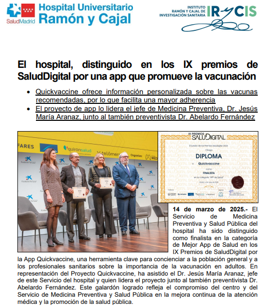 ¡Enhorabuena al servicio de Medicina Preventiva del hospital Ramón y Cajal, por el logro conseguido!.
El proyecto de la app Quickvaccine ha sido desarrollada en distintas fases, culminó en el tercer trimestre de 2024 y está disponible en quickvaccine.es