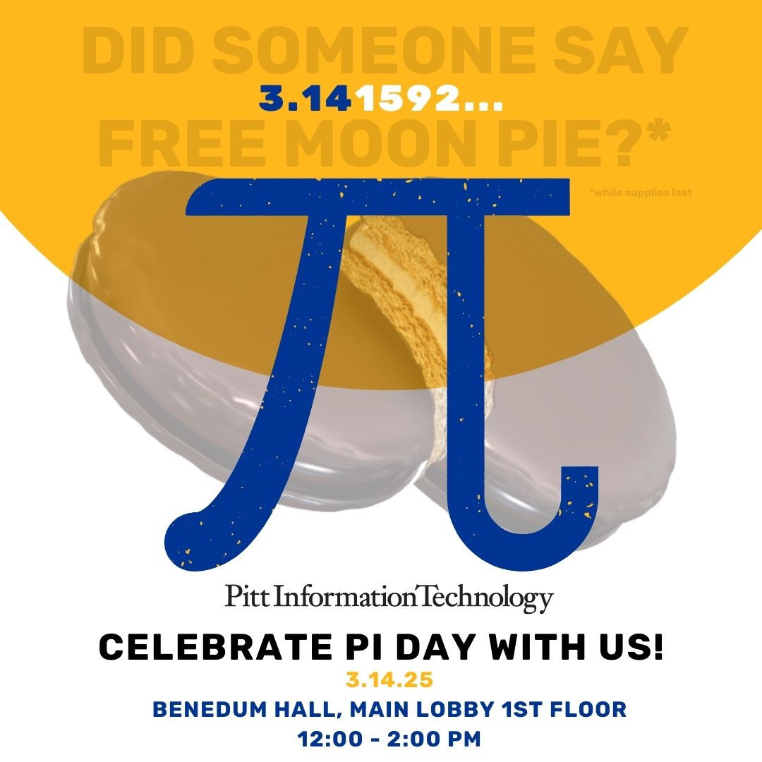 🎉 Happy Pi (3.14) Day! Celebrate with the Tech Ambassadors! 🥧😋📐 We have free Moon Pies – a triple-decker treat of graham cracker, marshmallow, and chocolate! 🟤 Come to Benedum Hall lobby today from 12 – 2 for a game and a sweet treat meet-up. #PiDay #H2P #TechAmbassadors