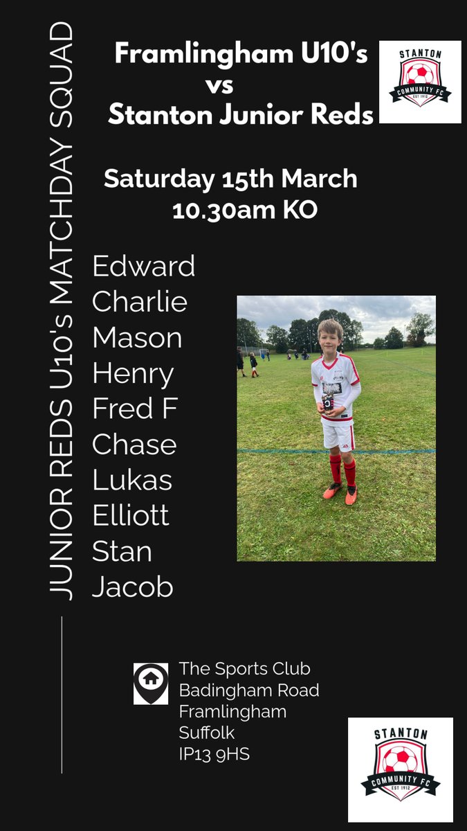 Stanton Junior Reds (@juniorreds2023) on Twitter photo The Junior Reds are back on the road tomorrow with a long trip to Framlingham π° not played them before, so should be an exciting match β½οΈ The boys are ready and looking forward to it π₯
β½οΈ
#SilentSupport #YouthFootball #LetThemPlay #UTJR β½οΈπ΄ <a href="/FcStanton/">Stanton CFC</a> <a href="/isyflfs/">Ipswich & Suffolk Youth League</a> The Junior Reds are back on the road tomorrow with a long trip to Framlingham π° not played them before, so should be an exciting match β½οΈ The boys are ready and looking forward to it π₯
β½οΈ
#SilentSupport #YouthFootball #LetThemPlay #UTJR β½οΈπ΄ <a href="/FcStanton/">Stanton CFC</a> <a href="/isyflfs/">Ipswich & Suffolk Youth League</a>