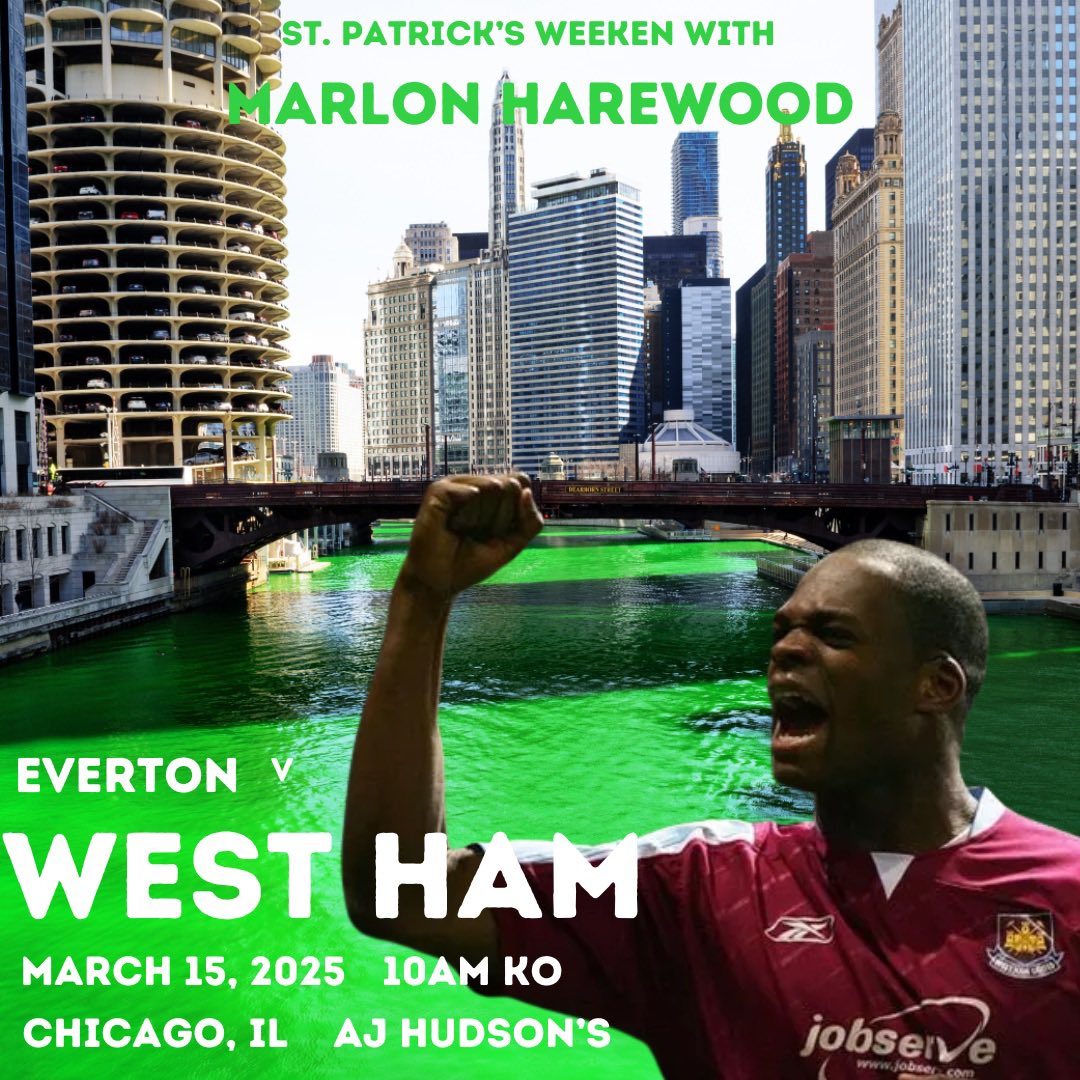 Don’t forget!

Kick start your St.Pat’s celebrations by watching West Ham with <a href="/Mazer_9/">Marlon Harewood</a>
Join us for the 10am KO against Everton tomorrow at <a href="/AJHudsons/">AJ Hudson's</a> 

#COYI #OLAS #WHUFC #WHU #EVEWHU #Chicago #chicgaohammers <a href="/PLinUSA/">Premier League USA</a> <a href="/WestHam_US/">West Ham United US</a>