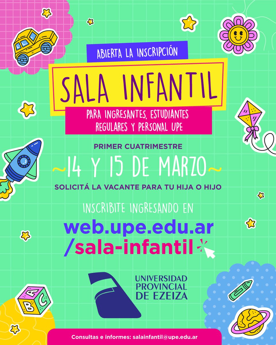 UPE_Ezeiza's tweet photo. ¡La Sala Infantil de la UPE abrió su inscripción! 👶🏼

Durante hoy viernes 14 y mañana sábado 15, si sos ingresante, estudiante regular o personal UPE, podrás solicitar la vacante para tu hija o hijo. https://t.co/FhXXsRc5wx