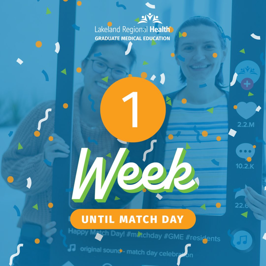 LRHGME_GS's tweet photo. ONE WEEK until GME Match Day 🎉 

Time is flying by and we are so pumped that Match Day is just one week away! Are you counting down with us? 🕟 

#MatchDay2025 #GME #LakelandRegionalHealth https://t.co/J9pborq8l0