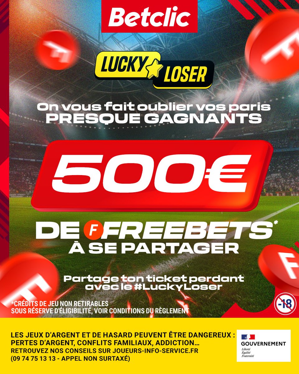 On a vécu une grosse semaine foot mais tout ne s'est pas passé comme prévu pour toi ? 🥲

Ça part sur un petit #LuckyLoser pour se consoler avant le WE ! 10 x 50€ de Freebets* à gagner 🍀

RT + partage un screen de ton pari perdant avec le #LuckyLoser pour participer ⬇️