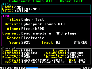 NemecekPanda38's tweet image. New version 2.07 #PicoLibSDK for #Picopad @pajenicko - MP3 player (RP2040, RP2350 ARM, RISC-V Hazard3). Output to speaker or STEREO 12-bit to GPIO0+1. Download 248 sample songs with high quality. More info: breatharian.eu/hw/picolibsdk/… ... Demo video YouTube: youtube.com/watch?v=vlbYJt…