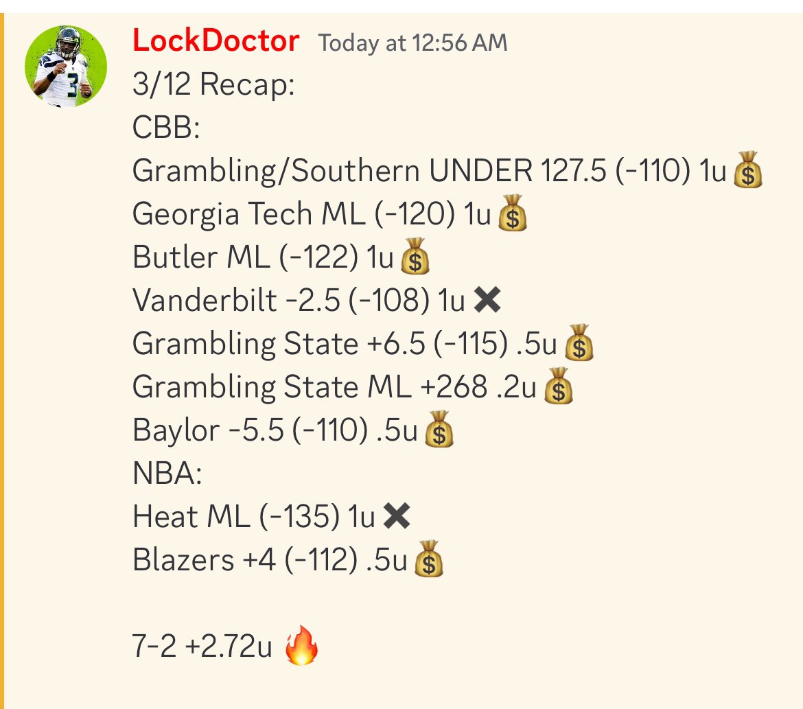 _TheLockDoctor's tweet image. INSANE start to March madness for our team in the discord. Cashing huge parlays and slamming our straight bets. All plays always posted for free!!
Come win with me… link in bio
#gamblingX #GamblingTwitter #CBB #MarchMadness