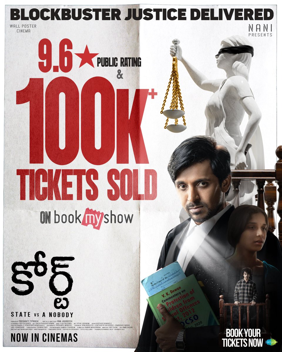 Wall Poster Cinema (@walpostercinema) on Twitter photo BLOCKBUSTER JUSTICE DELIVERED 💥
#CourtTelugu begins on a sensational note at the box office with 100K+ tickets booked on <a href="/bookmyshow/">BookMyShow</a> alone and a 9.6 public rating 🔥
Book your tickets for #Court now!
▶️ linktr.ee/CourtTickets
#CourtStateVsANobody ⚖️
Presented by Natural BLOCKBUSTER JUSTICE DELIVERED 💥
#CourtTelugu begins on a sensational note at the box office with 100K+ tickets booked on <a href="/bookmyshow/">BookMyShow</a> alone and a 9.6 public rating 🔥
Book your tickets for #Court now!
▶️ linktr.ee/CourtTickets
#CourtStateVsANobody ⚖️
Presented by Natural