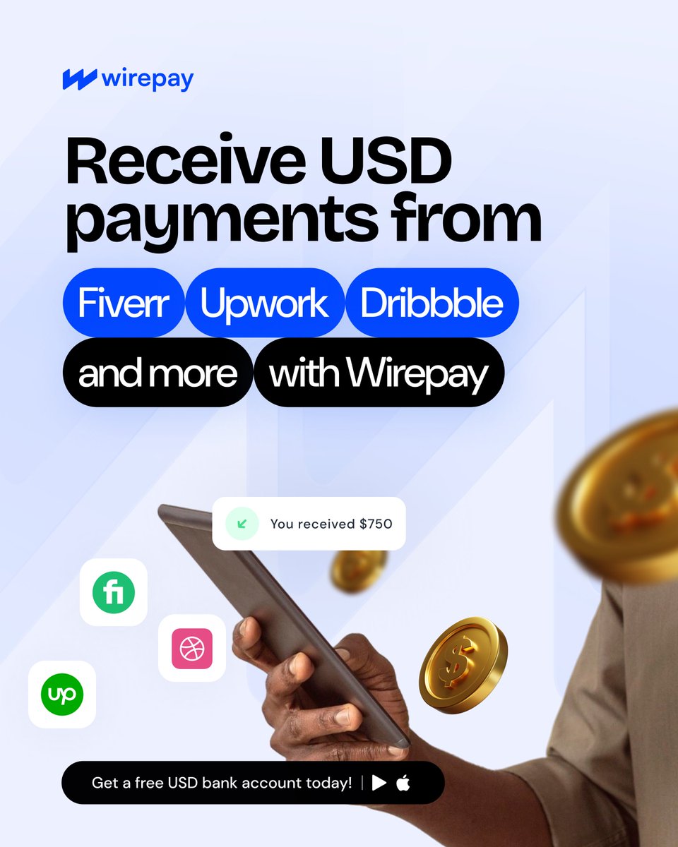 sendwirepay's tweet image. Receive payments directly from Fiverr, Upwork, Payoneer, TikTok, PayPal , Etsy, Google AdSense, Meta & more, fast and easy with Wirepay.
Get your free USD account today! Link in bio!