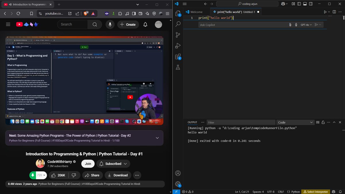 programmerArjun's tweet image. Started learning programming #Day1 #CodeWithHarry