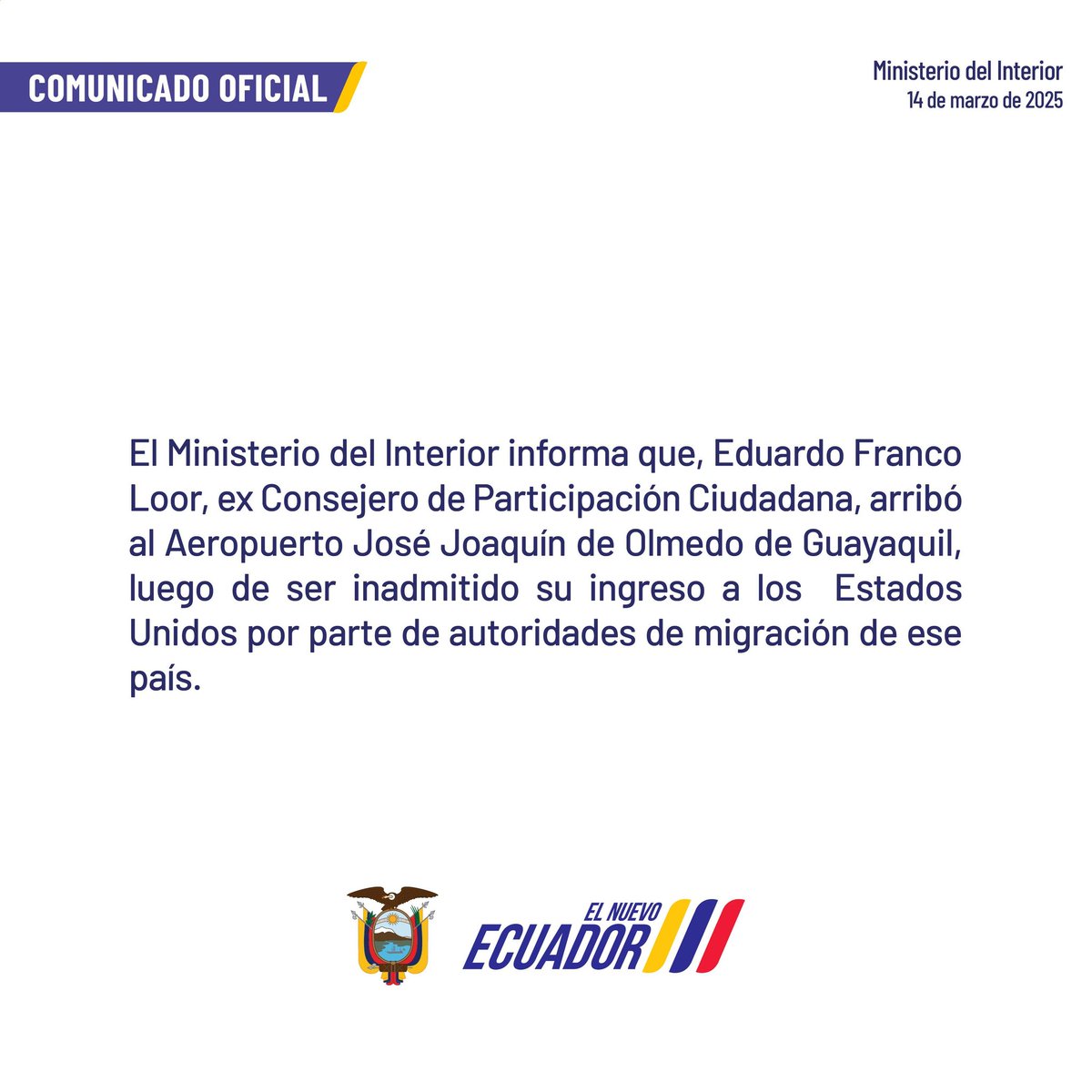 #ATENCIÓN 

Comunicado Oficial:  Franco Loor fue inadmitido en los Estados Unidos. El ex consejero de participación ciudadana, fue inadmitido tras haber viajado dos días antes de la instalación de su audiencia.