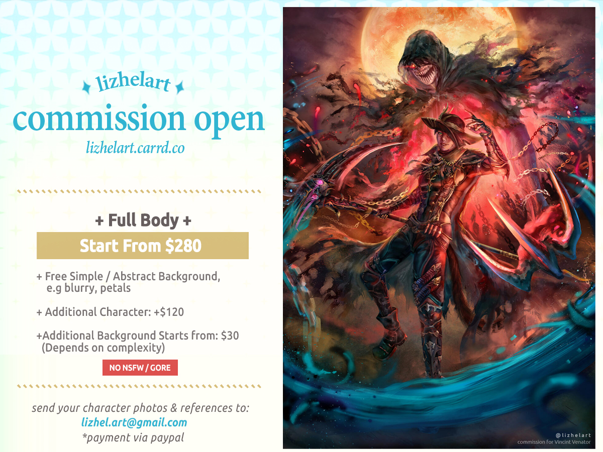 [RTs are very much appreciated, thank you!]

🌟Hello, hello~ I open up for commissions

accepting any genres and fandom except for nsfw and gore (blood splatter still ok)
payment via paypal

also available on vgen vgen.co/lizhelart
commission info : lizhelart.carrd.co