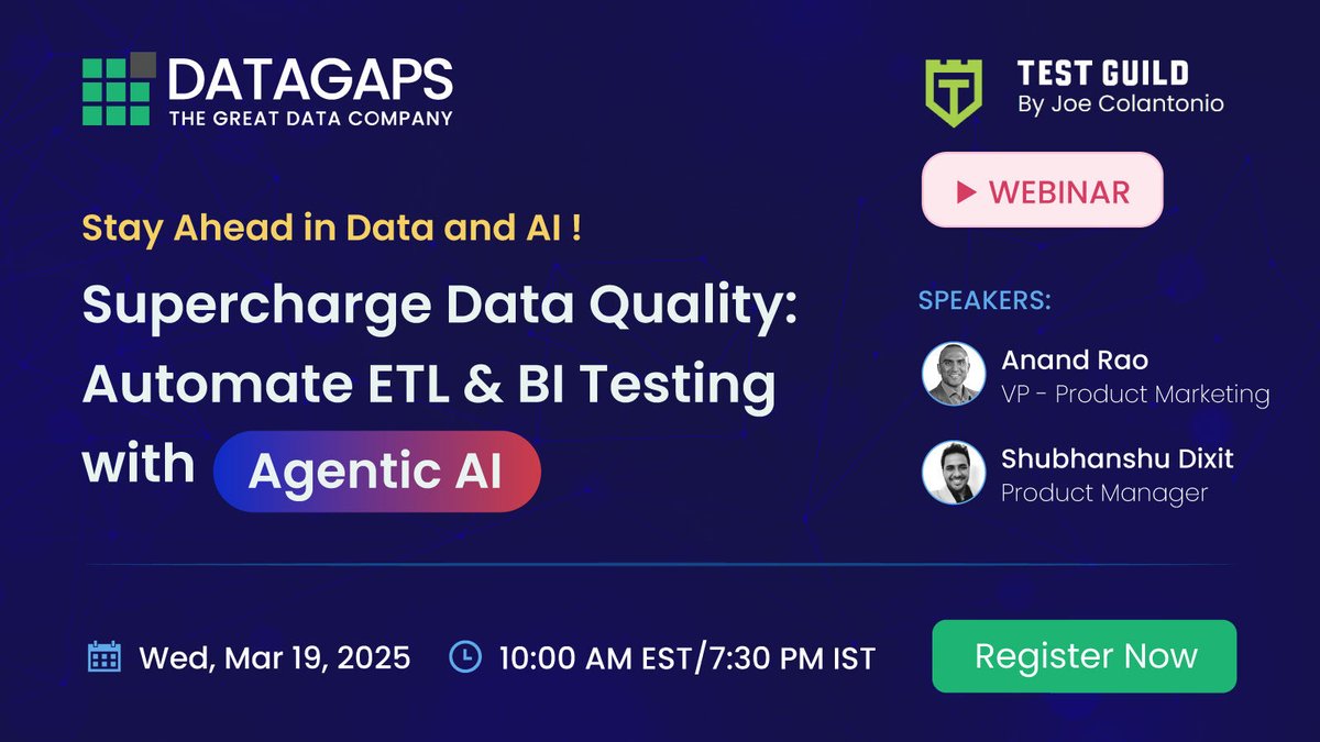 DatagapsTeam's tweet photo. The era of AI-powered data validation is here! Don't get left behind—Join our webinar to learn how Agentic AI transforms ETL &amp; BI testing.
Register now:  https://t.co/lLYixVNZAu
#DataGaps #GenAI #AgenticAI #DataPipelines #BIValidator #ETLValidator #AnalyticsTesting #Testguild https://t.co/NMybWoHBFk