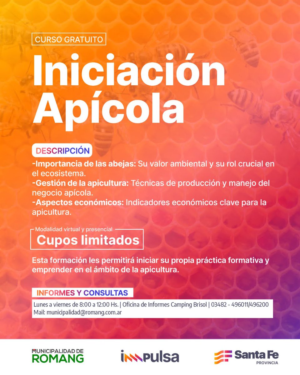 INICIACIÓN APÍCOLA 🐝

🐝 PRIMER ENCUENTRO VIERNES 28 DE MARZO 20:00 Hs. Sala Municipal de Cultura. 
ℹ INFORMES Y CONSULTAS 
Lunes a viernes de 8:00 a 12:00 Hs. | Oficina de Informes Camping Brisol | 03482 - 496011/496200
Mail: municipalidad@romang.com.ar