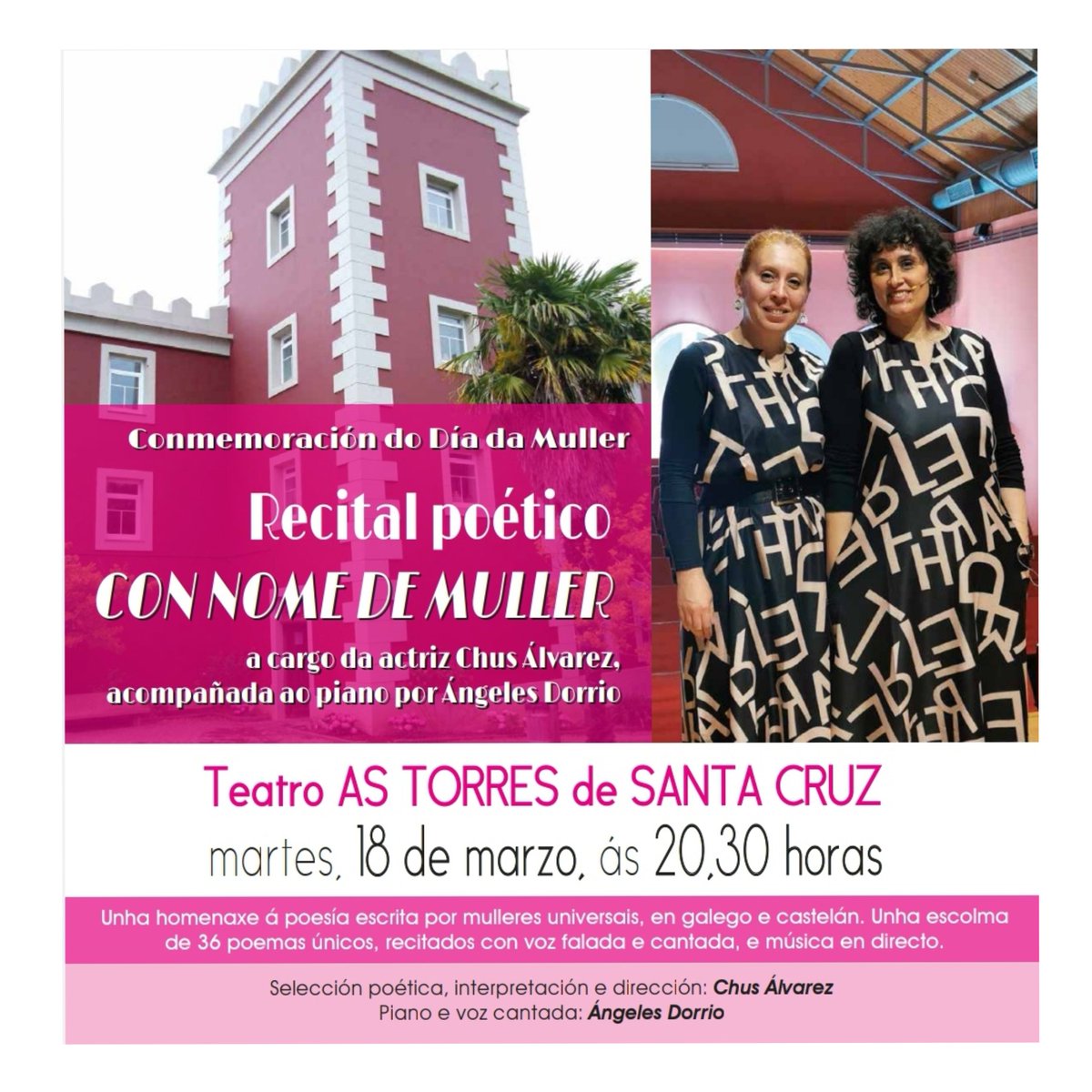 O martes estarei actuando no Teatro As Torres de Santa Cruz xunto a <a href="/angelesdorrio/">Angeles Dorrio</a>, grazas ás <a href="/bibloleiros/">Bibloleiros</a> e ao <a href="/ConcelloOleiros/">Concello de Oleiros</a>. Unha homenaxe a poetas mulleres universais, con música en directo. Vides?