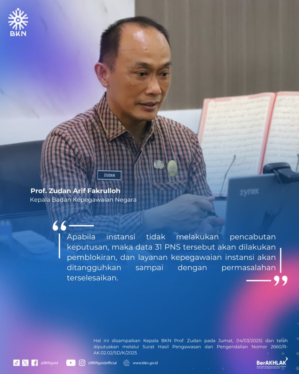 BKNgoid's tweet photo. Kepala BKN Prof. Zudan meminta Bupati Donggala mencabut Surat Keputusan pelantikan 31 Pejabat Administrasi di Pemkab Donggala yang dilantik. Hal itu menyusul pelantikan yg dilakukan tdk melalui Pertimbangan Teknis BKN terlebih dahulu, … https://t.co/7I7ffOn6tU