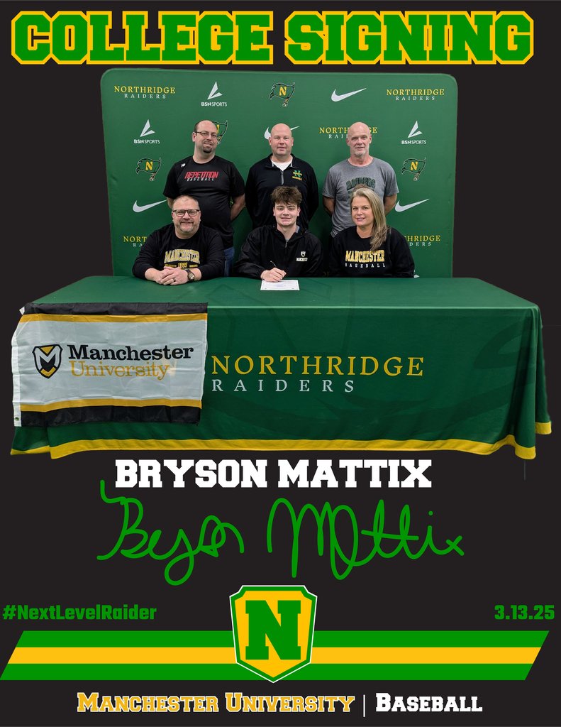 nridgeathletics's tweet image. COLLEGE SIGNING✍🏼

Bryson Mattix🔰 
⚾Baseball
📍Manchester University

#NextLevelRaider