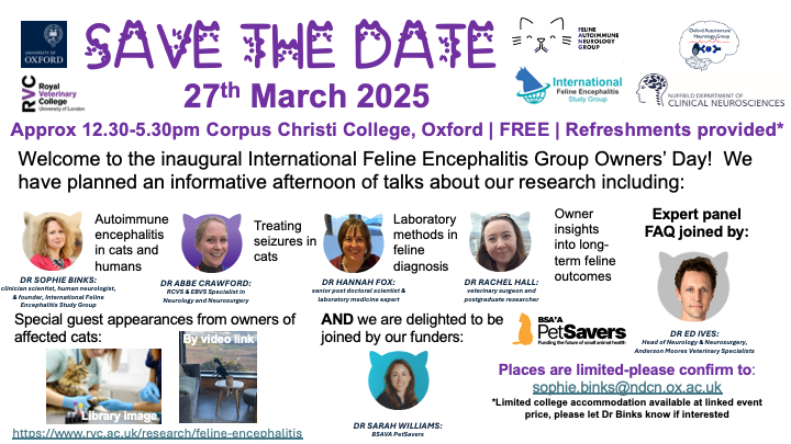 Oxford Neuroscience (@oxneuro) on Twitter photo Looking forward to the inaugural International Feline Encephalitis Group Owners Day <a href="/encephalitis/">Encephalitis International</a> @ndcnoxford @britishneuro rvc.ac.uk/research/felin… Looking forward to the inaugural International Feline Encephalitis Group Owners Day <a href="/encephalitis/">Encephalitis International</a> @ndcnoxford @britishneuro rvc.ac.uk/research/felin…