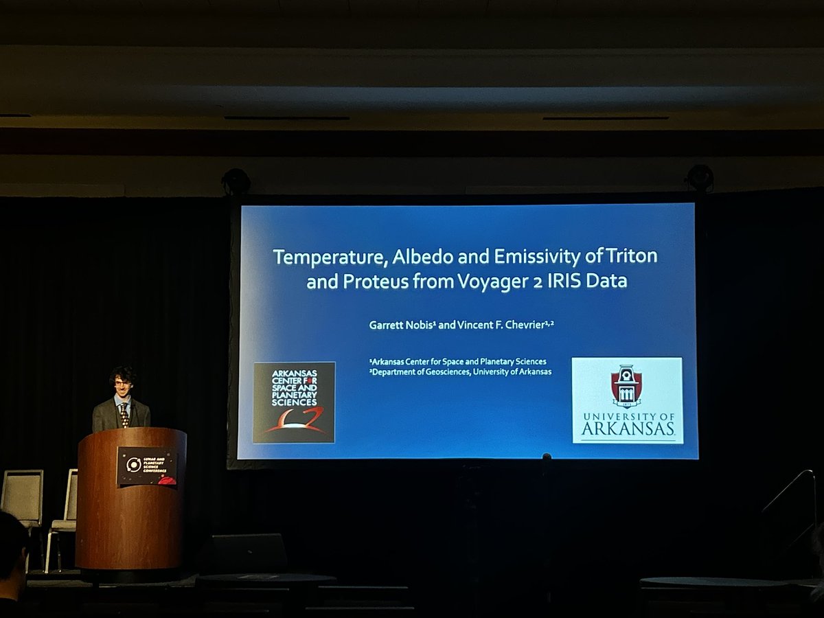 RacineCleveland's tweet photo. Now in the “The Kuiper Belt from Triton to Eris and Beyond” is Garrett Nobis from the University of Arkansas with Temperature, Albedo, and Emissivity of Triton and Proteus from Voyager 2 IRIS data. #LPSC2025 https://t.co/VCWeTLDzLe