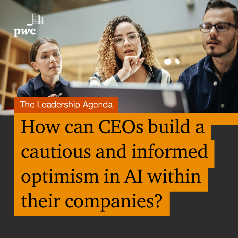 PwC's tweet photo. Our 28th Annual Global #CEOSurvey shows 49% of senior executives expect #GenAI to boost profitability within 12 months. However, nearly a third report low trust in AI. 

Discover three principles to build cautious optimism and enhance business performance: https://t.co/kjd27eWEPl