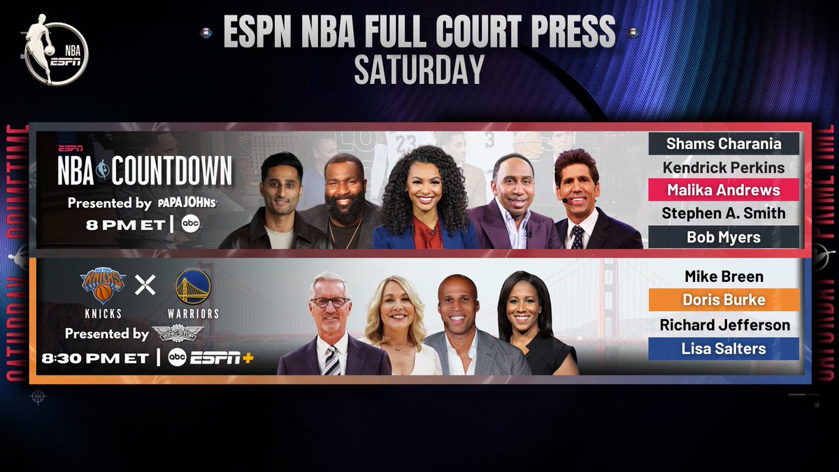 ESPN PR (@espnpr) on Twitter photo Saturday, <a href="/ESPNNBA/">NBA on ESPN</a> continues its coverage of the '24-'25 #NBA regular season with a 'Saturday Primetime on ABC' matchup
🏀 8p ET | NBA Countdown
🏀 8:30p ET | #NewYorkForever vs #DubNation Saturday, <a href="/ESPNNBA/">NBA on ESPN</a> continues its coverage of the '24-'25 #NBA regular season with a 'Saturday Primetime on ABC' matchup
🏀 8p ET | NBA Countdown
🏀 8:30p ET | #NewYorkForever vs #DubNation