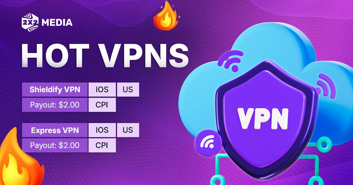 2x2Media's tweet photo. 🌍 VPN Demand is Booming – Get in on the Action with 2X2 Media! 

With online privacy concerns growing, VPN usage is at an all-time high! Users are actively searching for secure browsing solutions, making VPNs one of the hottest niches for affiliates. If you're looking to scale with high-demand, top-converting offers, we’ve got you covered!

Top VPN Offers of the month from 2X2 Media:

📍 Shieldify VPN – iOS | US | CPI | 💰 Payout: $2.00
📍 Express VPN – iOS | US | Trial | 💰 Payout: $9.00

Why VPN Offers?
✅ Massive global demand – online privacy is a priority for millions.
✅ Easy user acquisition – high intent & simple conversion flows.
✅ Strong payouts – maximize your earnings with premium offers.
✅ Scalable traffic opportunities – works great with FB, TikTok, Google, Push, and more!

📩 Let’s work together and take your profits to the next level!

🔗 Sign up here: https://t.co/AQKOysKAeW

📞 Contact us today!
📲 Telegram: https://t.co/T8SDzofG9V
📧 Email: support@2x2.media

🚀 2X2 Media – Premium Traffic, High-Performing Offers! 🚀