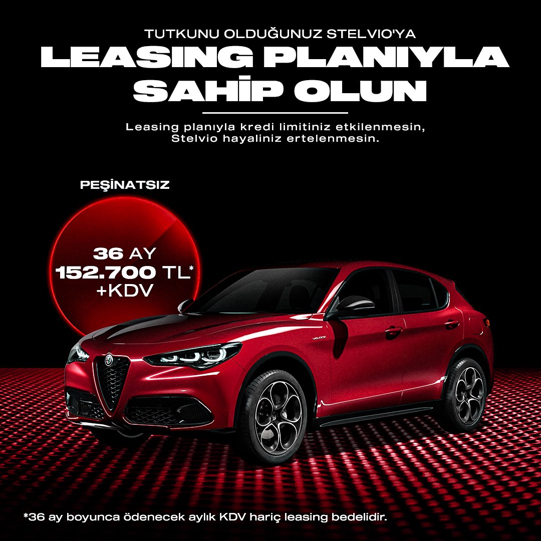 aerendogann's tweet photo. Selamlar Herkese,

Son zamanlarda Leasing araştırması yaparken Tonale ve Stelvio için de leasing olduğunu gördüm.
Peşinatsız, tamamına taksitle satın alınıyor.

Stelvioyu çok beğeniyorum. Sizce alınır mı ? https://t.co/BSEVAMNsGl