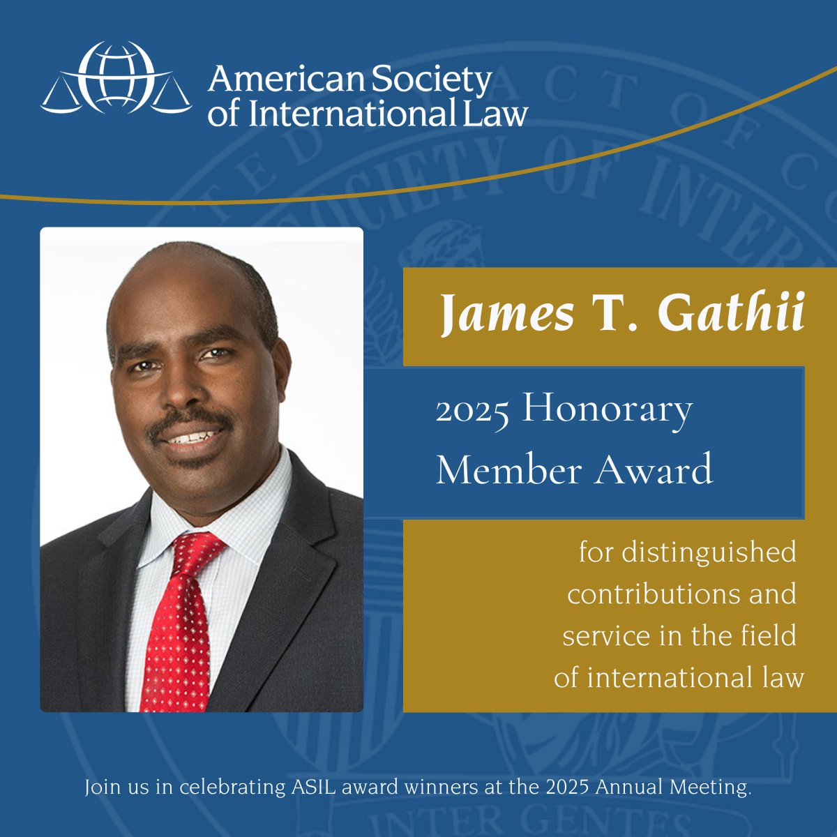 ASIL (@asilorg) on Twitter photo Join us in April to celebrate James Thuo Gathii <a href="/LoyolaLaw/">Loyola Law Chicago</a>, recipient of this year's Honorary Member Award!
Register now at asil.org/am. Join us in April to celebrate James Thuo Gathii <a href="/LoyolaLaw/">Loyola Law Chicago</a>, recipient of this year's Honorary Member Award!
Register now at asil.org/am.