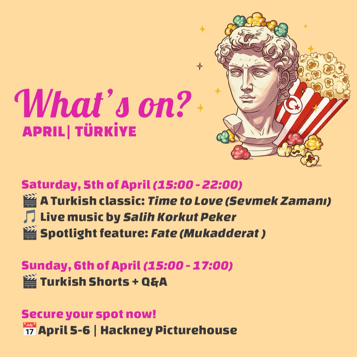 * Saturday, 5th of April
- 5pm: a 1967 Turkish classic: Time to Love
- 7pm: live music by Salih Korkut Peker
- 8pm: a 2024 spotlight feature: Fate (Mukadderat)

* Sunday, 6th of April
- 3pm: ShortCut To Turkiye: Short Films + Q&amp;A

Tickets: picturehouses.com/event-details/…