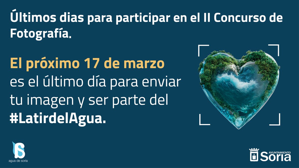 📷 ¡Últimos días para participar! El 17 de marzo es la fecha límite para participar en II Concurso de Fotografía por el Día Mundial del Agua.

Consulta las bases: drive.google.com/file/d/1cDRNX8…
Envía tu foto: form.typeform.com/to/GSXF8sVh

#ElLatirDelAgua #ConcursoDeFotografía #AguadeSoria