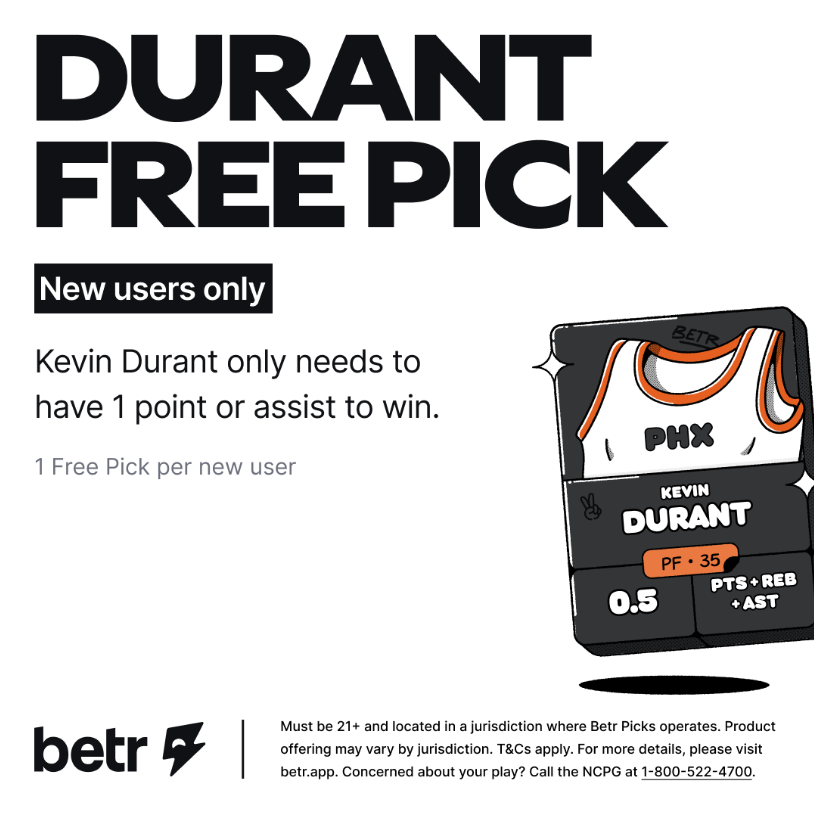 This is a FREE Winner.

✅ Durant FREE Pick on Betr

Get it on Betr ONLY when you sign up with Code "SHOT" or the link below. Also, Get a First Entry match up to $250, win or lose!

engagebetr.onelink.me/auSX/SHOT