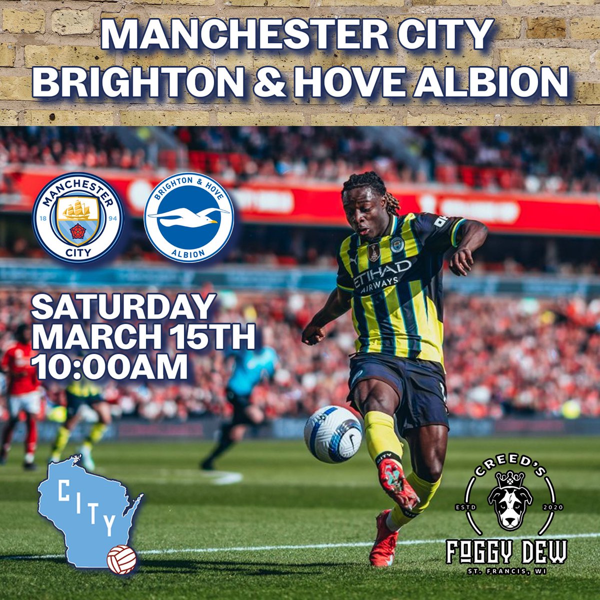 Saturday morning vs Brighton. We’ll be at Creed’s Foggy Dew for the 10:00 kickoff. Join us! #ManCityOSC #ManCity #ManchesterCityFC #MCFC #myPLmorning #PremierLeague