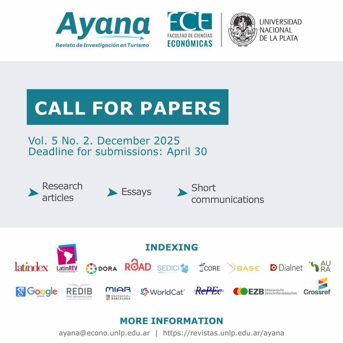📢CONVOCATORIA ABIERTA - CALL FOR PAPERS
  
✍️Se aceptarán artículos de investigación, ensayos y comunicaciones breves.
🗓 Fecha límite: 30 de Abril 2025
✉️Envíos: revistas.unlp.edu.ar/ayana/about/su…
+Info: revistas.unlp.edu.ar/ayana/normaspu…

#turismo #investigación #revistacientífica