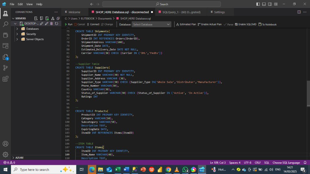 safeeyah78's tweet image. Made progress in my SHop_Here database today,created key tables, will be working with them while refining the structure Next DML operations, designing EDR diagram and then diving into queries! Still refining my problem statement
#SQL
#DataAnalytics
@iam_Uchenna
@toxinblaze90