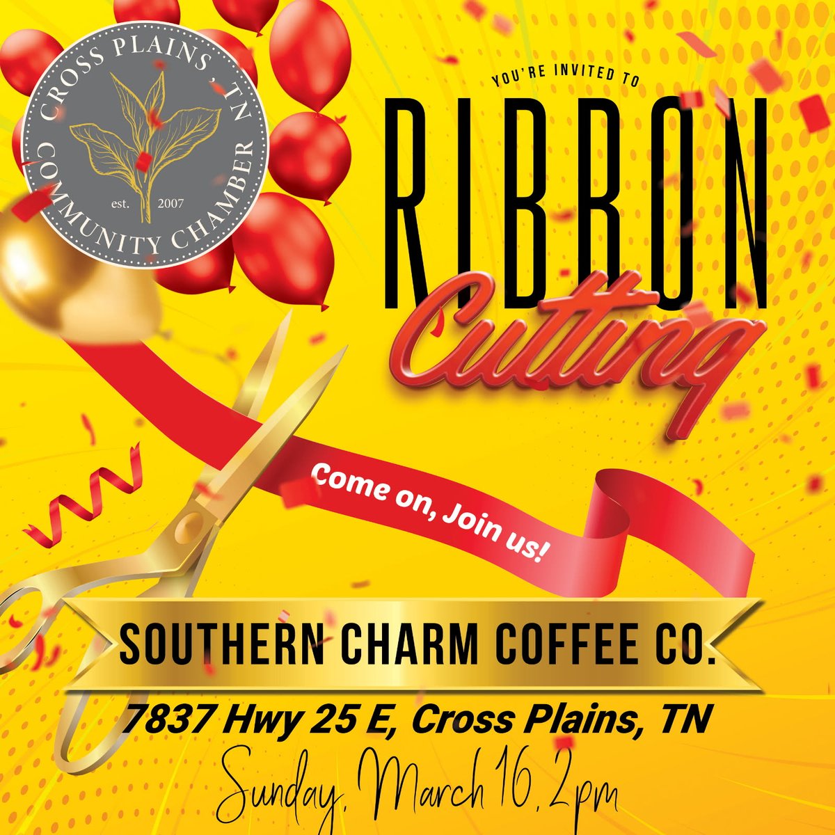 Join us for a ribbon cutting at Southern Charm Coffee Company, Sunday, March 16, at 2:00 pm.

They are up and running at the drive-up window at 7837 Highway 25, Cross Plains, TN (enter from Jennifer Road for drive-up service!)

#ribboncutting #coffee