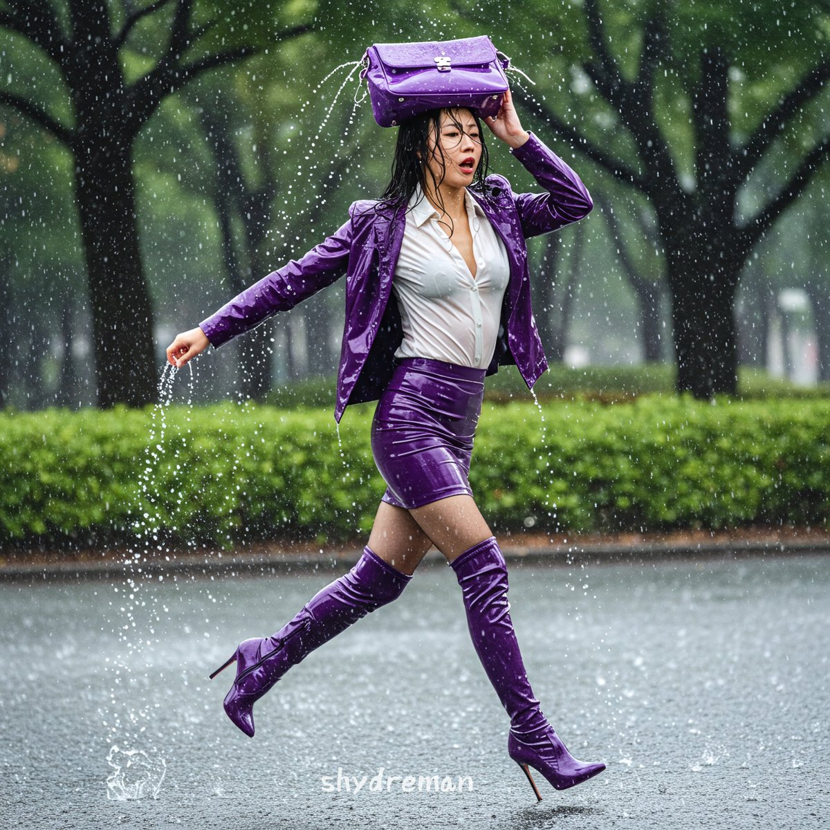 エナメルスーツでもこの雨は防げないよ～。
