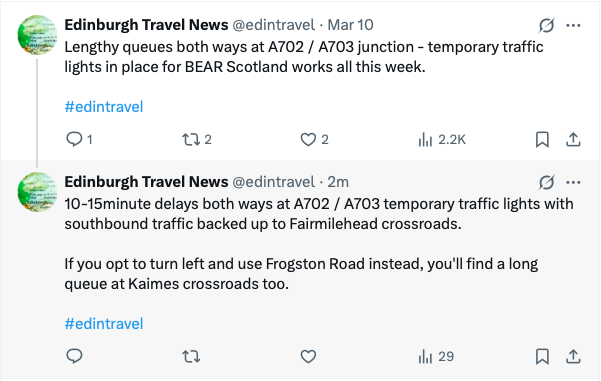 cuthbertneil's tweet photo. Roadworks outside of our area are having a serious knock on effect on local travel. ☹️#Fairmilehead South #Edinburgh https://t.co/f6LtMrE6Fq