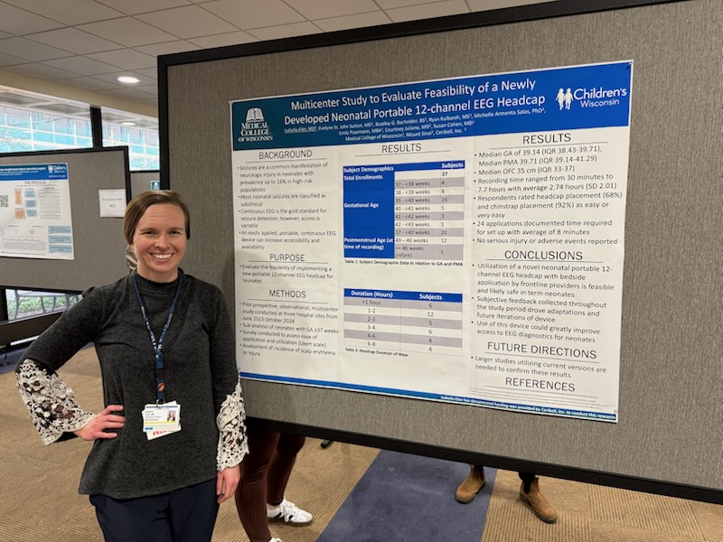 Next, we're featuring Dr. Eiler, whose work has been studying a neonatal EEG head cap that is quick to utilize (takes about 8 min to apply!) and appears safe for term neonates.