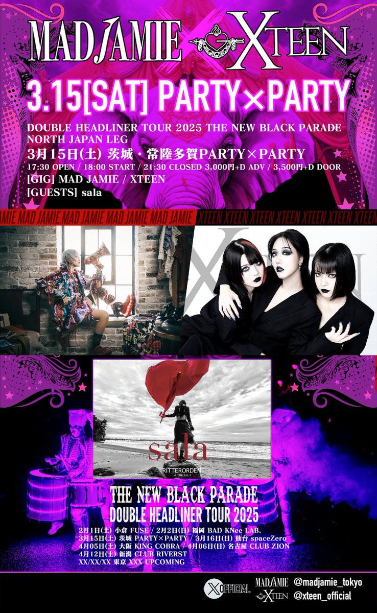 xteen_official's tweet photo. NEXT #XTEEN TOMORROW #IBRK
DBL HEADLINER TOUR 2025 with MAD JAMIE
THE NEW BLACK PARADE † NORTH JAPAN LEG
3月15日(土) 常陸多賀PARTY×PARTY
17:30 OPEN /  21:30 CLOSED / 3,000円+D ADV
[TICKETS] https://t.co/HNY62iBaZb
茨の道を、行くざます👶 https://t.co/OoHSRg6rCz