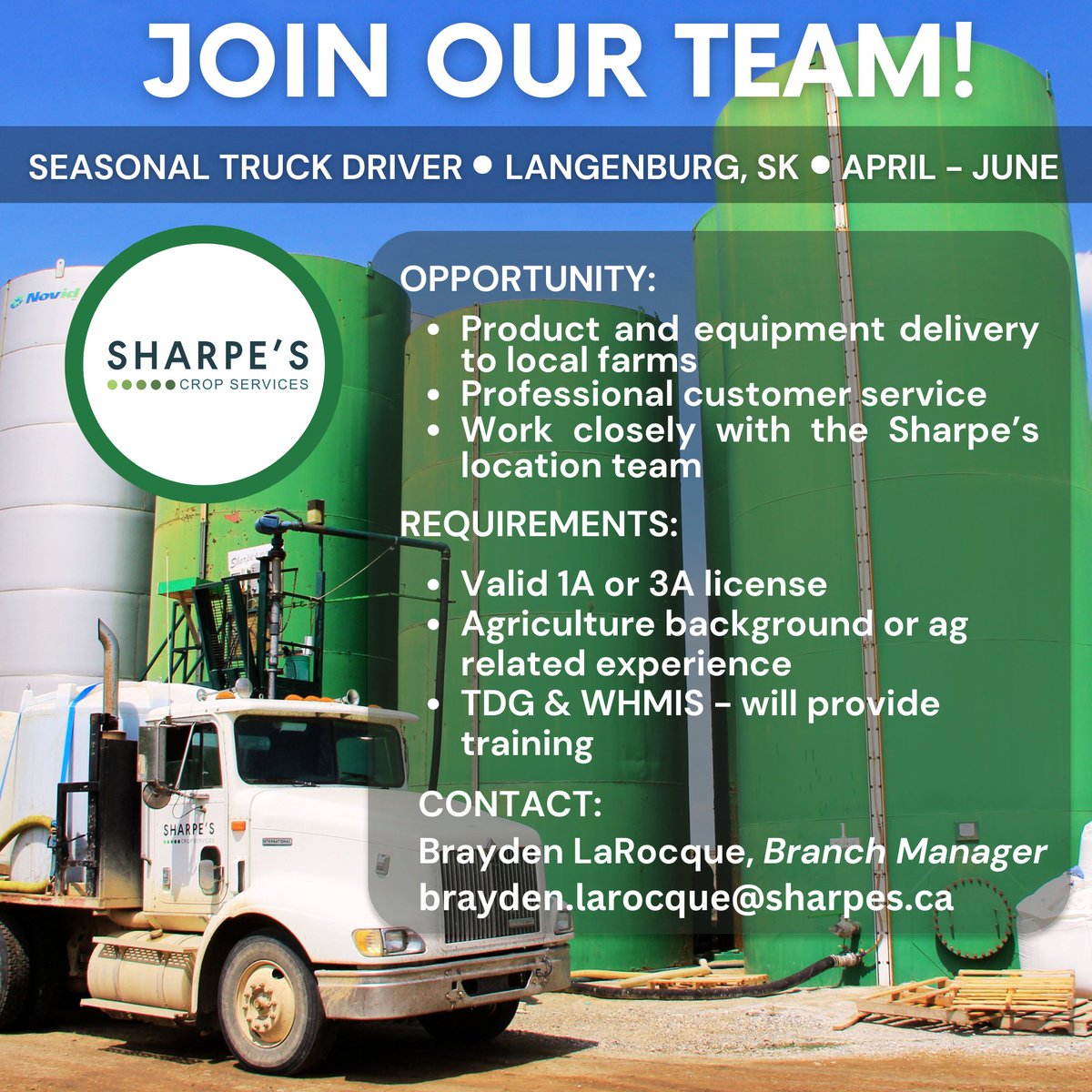 Exciting Career Opportunities at Sharpe's! 🌾 

Full-Time Operations - Langenburg, SK 
Seasonal Employment - Langenburg, SK  
Seasonal Truck Driver - Langenburg, SK

If you're passionate about the agricultural industry, we want to hear from you!  For more details and to apply,