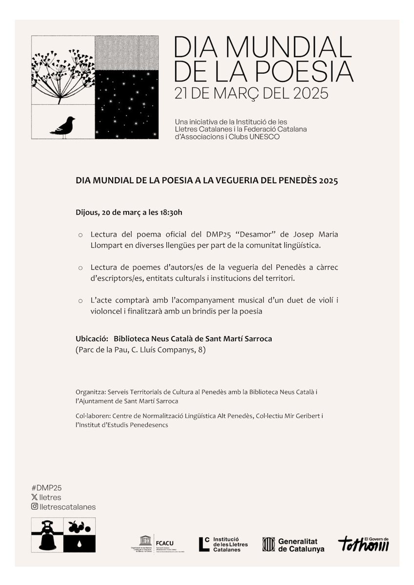 miquelcartro's tweet photo. Participaré al Dia Mundial de la Poesia a la vegueria del Penedès 2025 a #SantMartíSarroca 
#poesia #cultura #diamundialdelapoesia #vegueriapenedès #Penedès  @cmirgeribert @bneuscatala @ajsantmartisarroca https://t.co/nH10rHkDz4