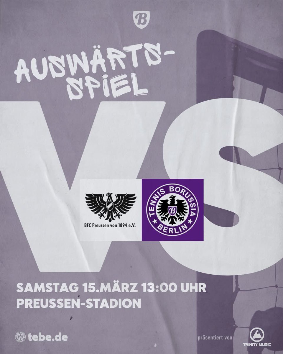 Morgen!!!

Anpfiff ist am Samstag um 13:00 Uhr im Preussen-Stadion in der Malteserstraße 1 (12249 Berlin). Kommt vorbei und unterstützt uns – lasst uns gemeinsam alles geben, um mit ordentlich Rückenwind ins bevorstehende Pokal-Viertelfinale zu gehen!

Come on TeBe!💜🤍