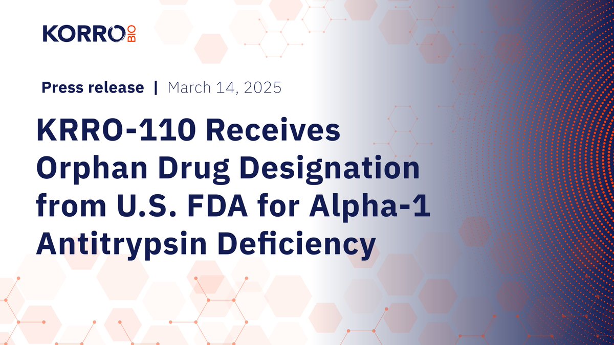 Korro Bio (@korrobio) on Twitter photo Breaking news! The U.S. FDA has granted orphan drug designation to KRRO-110 an investigational medicine for the treatment of Alpha-1 Antitrypsin Deficiency (#AATD).
The designation underscores the FDA's recognition of the growing need for new treatments for patients living with Breaking news! The U.S. FDA has granted orphan drug designation to KRRO-110 an investigational medicine for the treatment of Alpha-1 Antitrypsin Deficiency (#AATD).
The designation underscores the FDA's recognition of the growing need for new treatments for patients living with