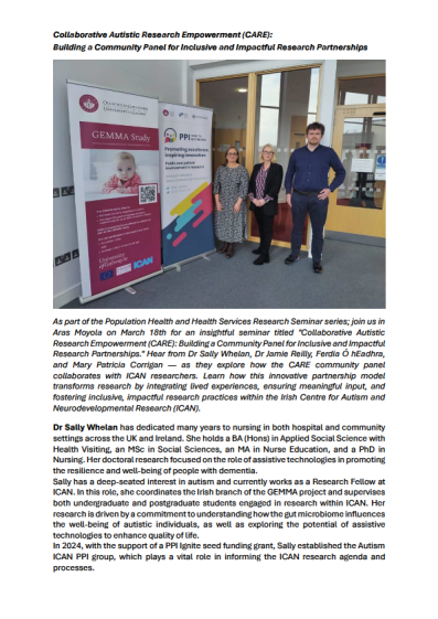 PPI Ignite Network @ University of Galway (@ppi_galway) on Twitter photo Remember to join us Tuesday for the Population Health Research Seminar Series featuring <a href="/iCANResearch/">iCAN Research</a> colleagues and PPI contributors.
18 March (in person) Aras Moyola Lecture Room 5 (Room 225)
12:30 – 13:00 Lunch
13:00 – 14:00 Seminar Remember to join us Tuesday for the Population Health Research Seminar Series featuring <a href="/iCANResearch/">iCAN Research</a> colleagues and PPI contributors.
18 March (in person) Aras Moyola Lecture Room 5 (Room 225)
12:30 – 13:00 Lunch
13:00 – 14:00 Seminar