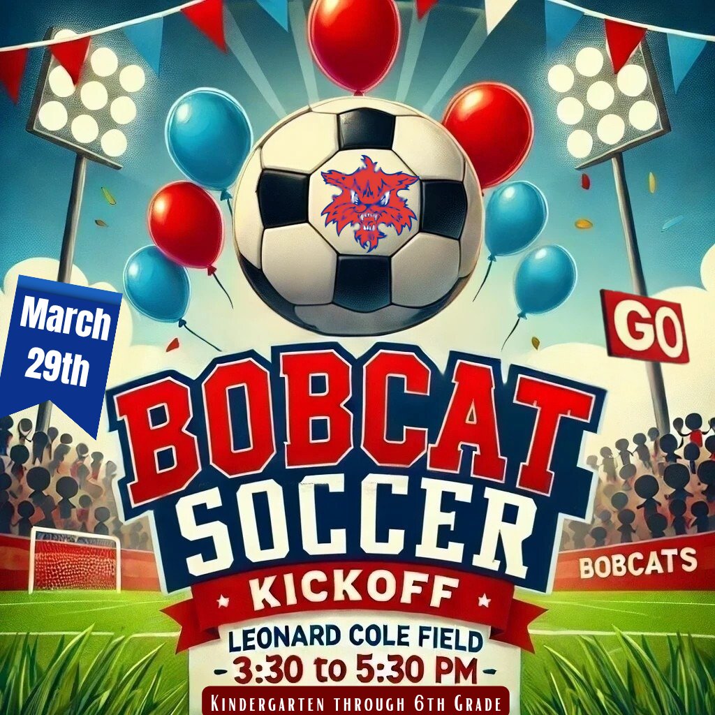 BOBCAT SOCCER KICKOFF

⚽ Join Us! ⚽

📅 Date: March 29th
📍 Location: Leonard Cole Field
 ⏰ Time: 3:30 - 5:30 PM

Get ready for an exciting soccer event! Wear your blue and red and show your Bobcat pride as we celebrate Marshalltown spring soccer!

🔵🔴 Let's Kick It! 🔴🔵