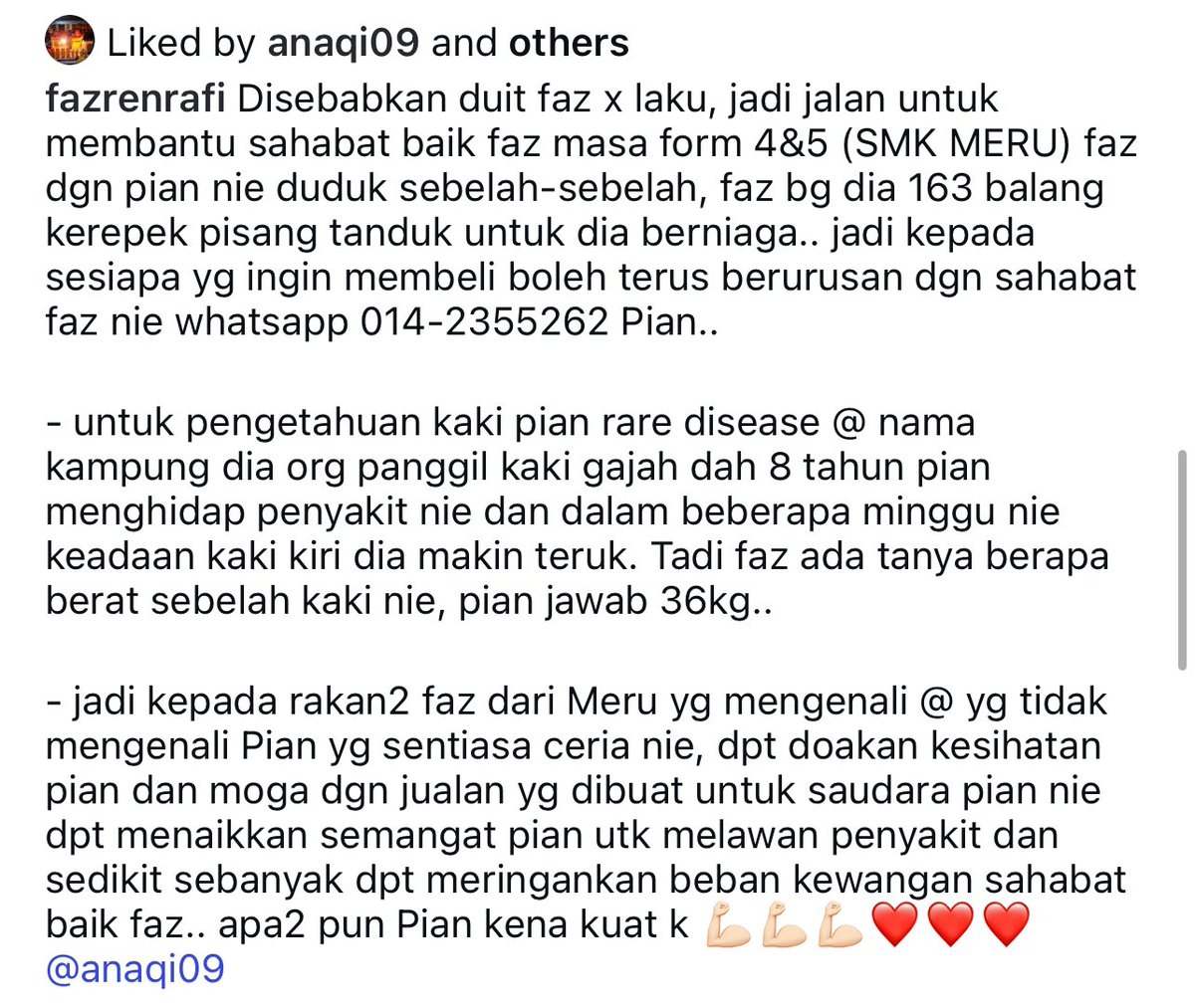 bocahnandong's tweet photo. Dgn rendah hati, aku nak mohon untuk sesiapa yg baca tweet ni, kalau korang ada rezeki lebih korang boleh tolong kawan aku Pian yg menghidap Elephantiasis. Korang boleh beli kerepek pisang tanduk dari dia RM20 sebalang. Korang boleh contact Pian direct ya. Mohon tolong RT juga ya https://t.co/rYxcblivnq